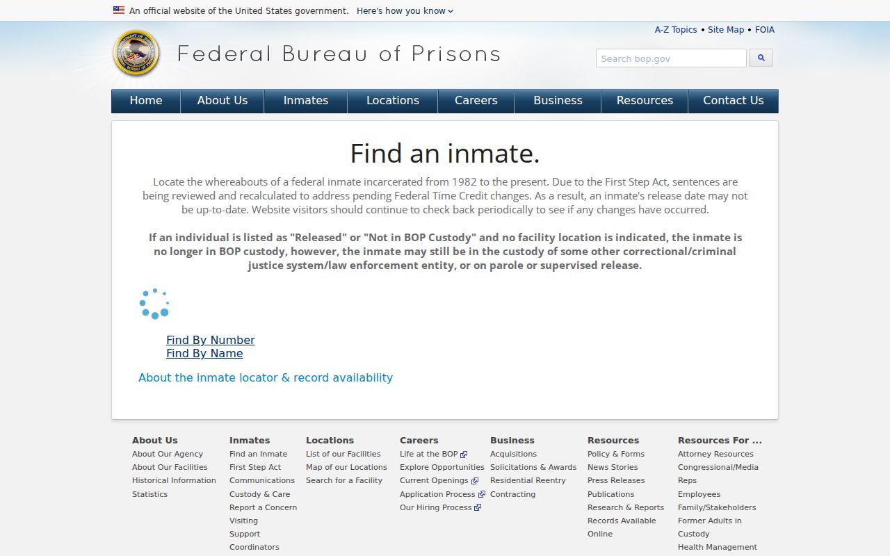 Federal Bureau of Prisons official inmate locator
