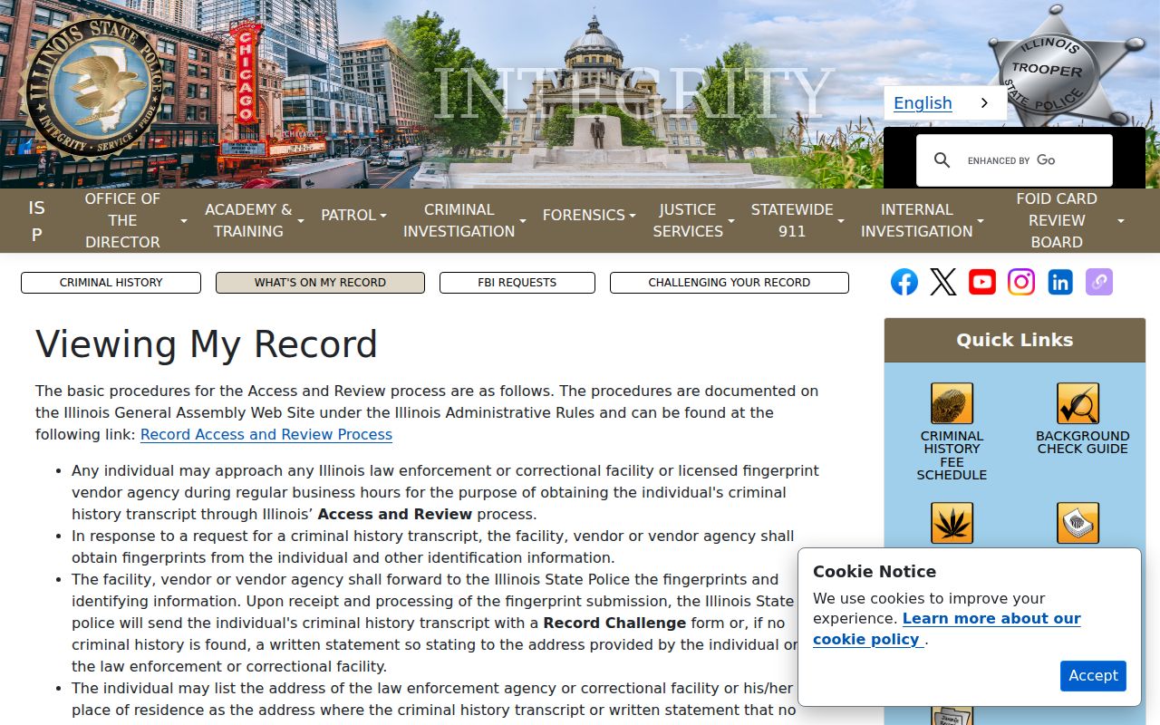 Illinois State Police Access and Review information for a personal criminal record