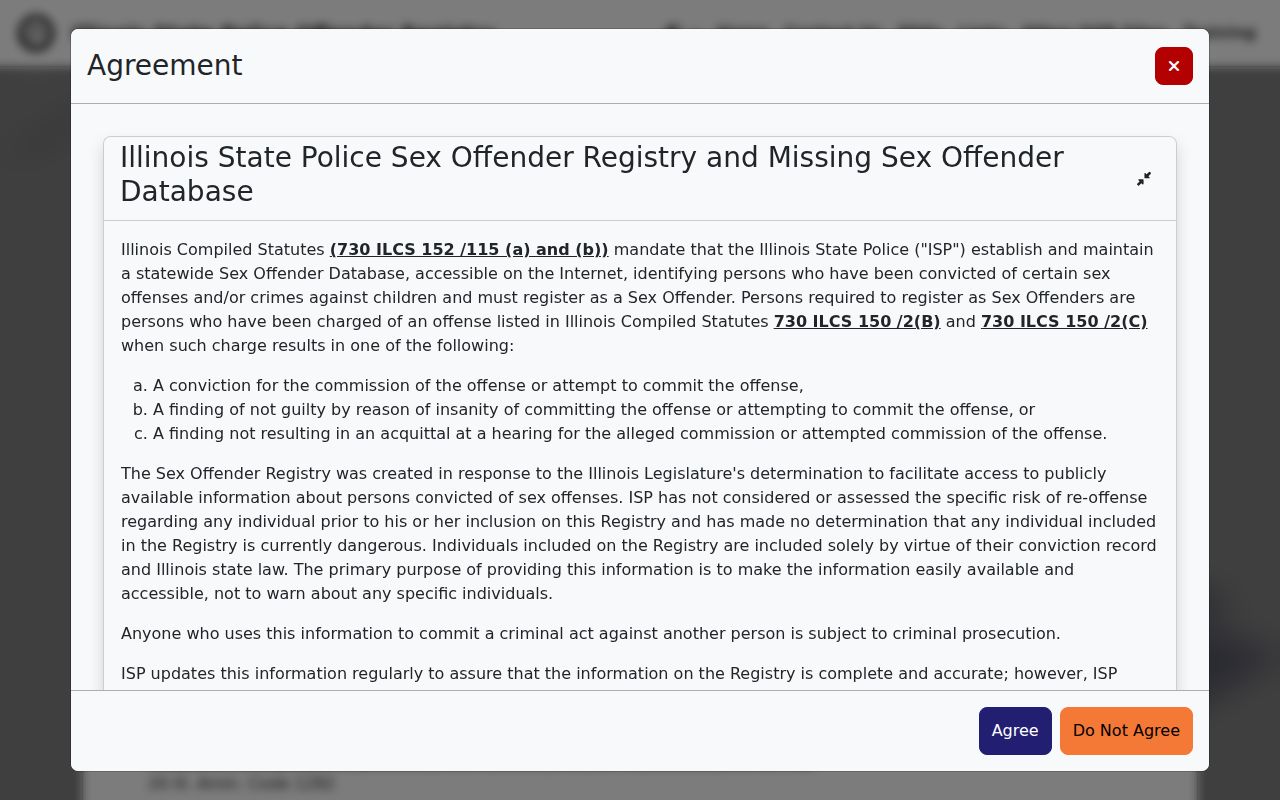 Illinois State Police sex offender registry disclaimer page