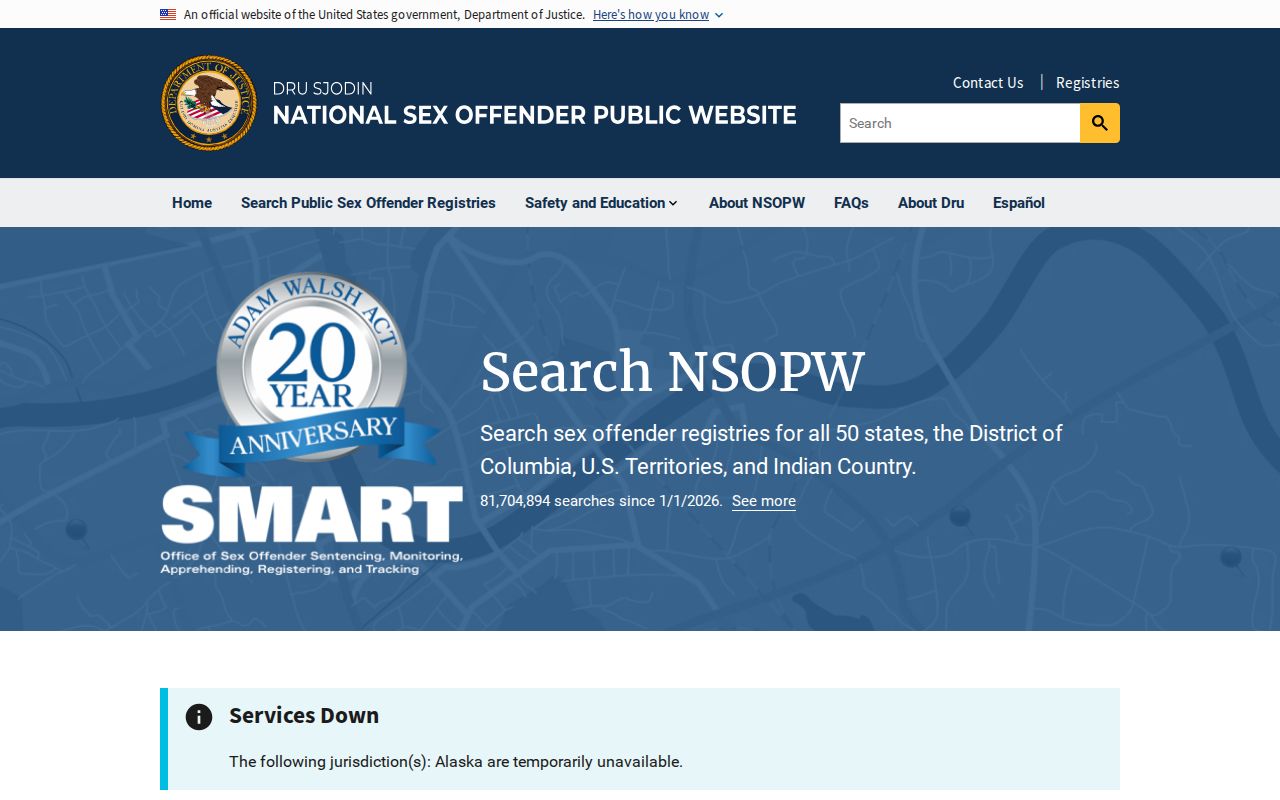 National Sex Offender Public Website search for cross-state registry records